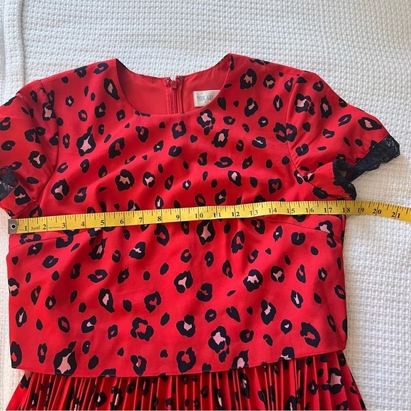 MIKAEL AGHAL Red Leopard‎ Pleated Midi Dress Lace Trim Size 6 - Picture 8 of 12